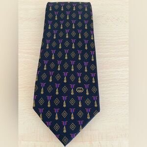Gucci Black Silk Tie Gold Tassels,Fuschia Pink and blue Pattern Vintage BNWOT